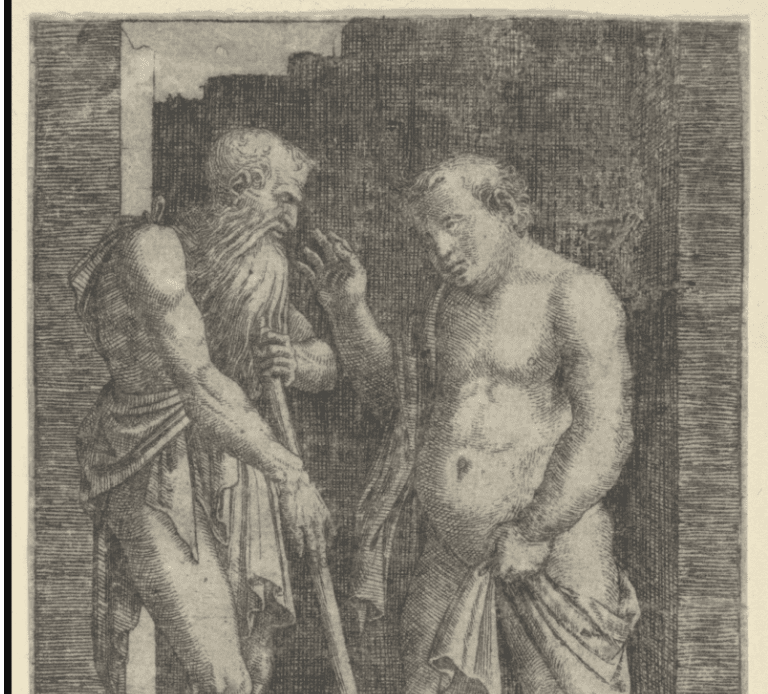An old skinny man at left talking with a fat man at right | Marcantonio Raimondi | 1510 | The Met cropped